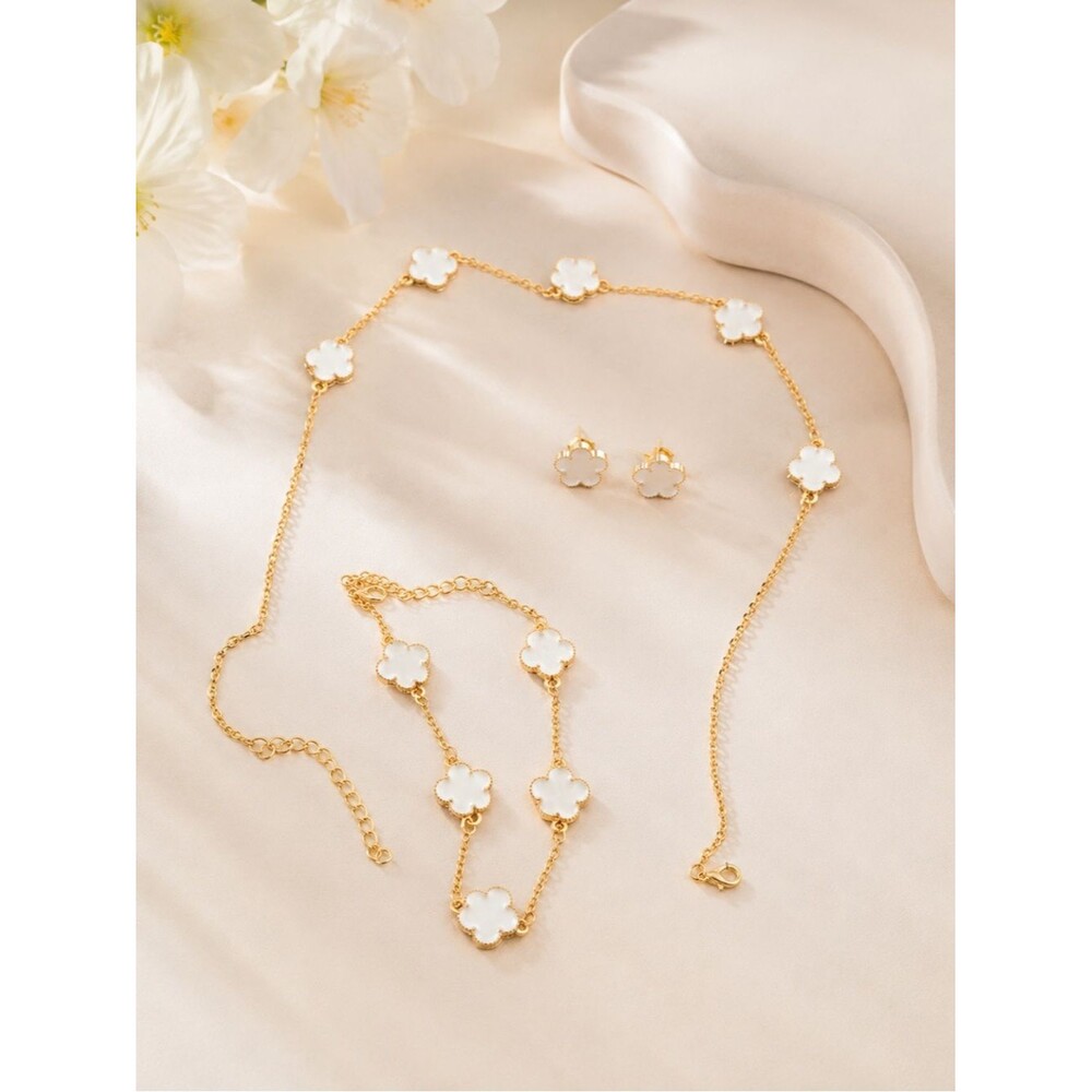 18K Gold 5 Clover Jewelry Set Necklace Bracelet Earrings Lucky Van Cleef Style